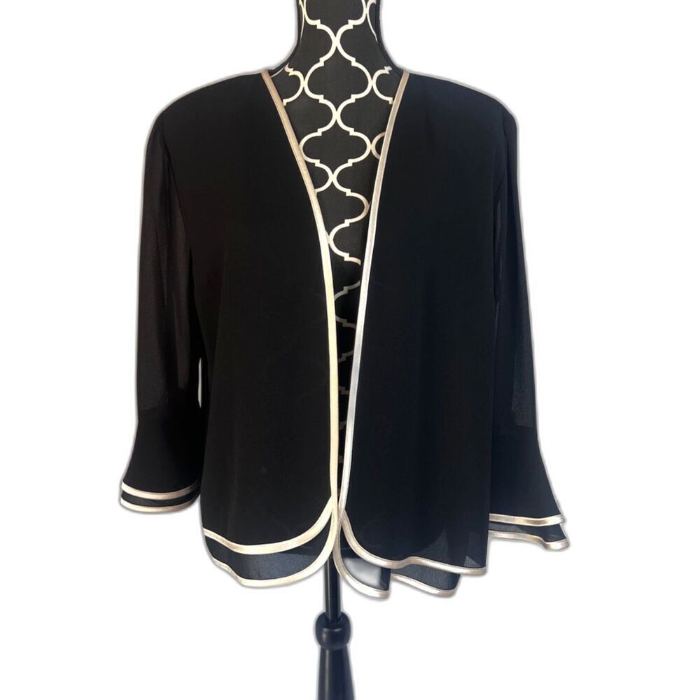 SiaSia Black w/ Cream Ribbon Trim Open Front Bell Cuff Semi Sheer Cardigan Sz 16